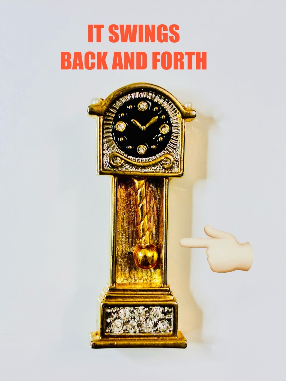 Articulated Gold Tone Grandfather Clock Brooch with Black Dial & Clear Crystals